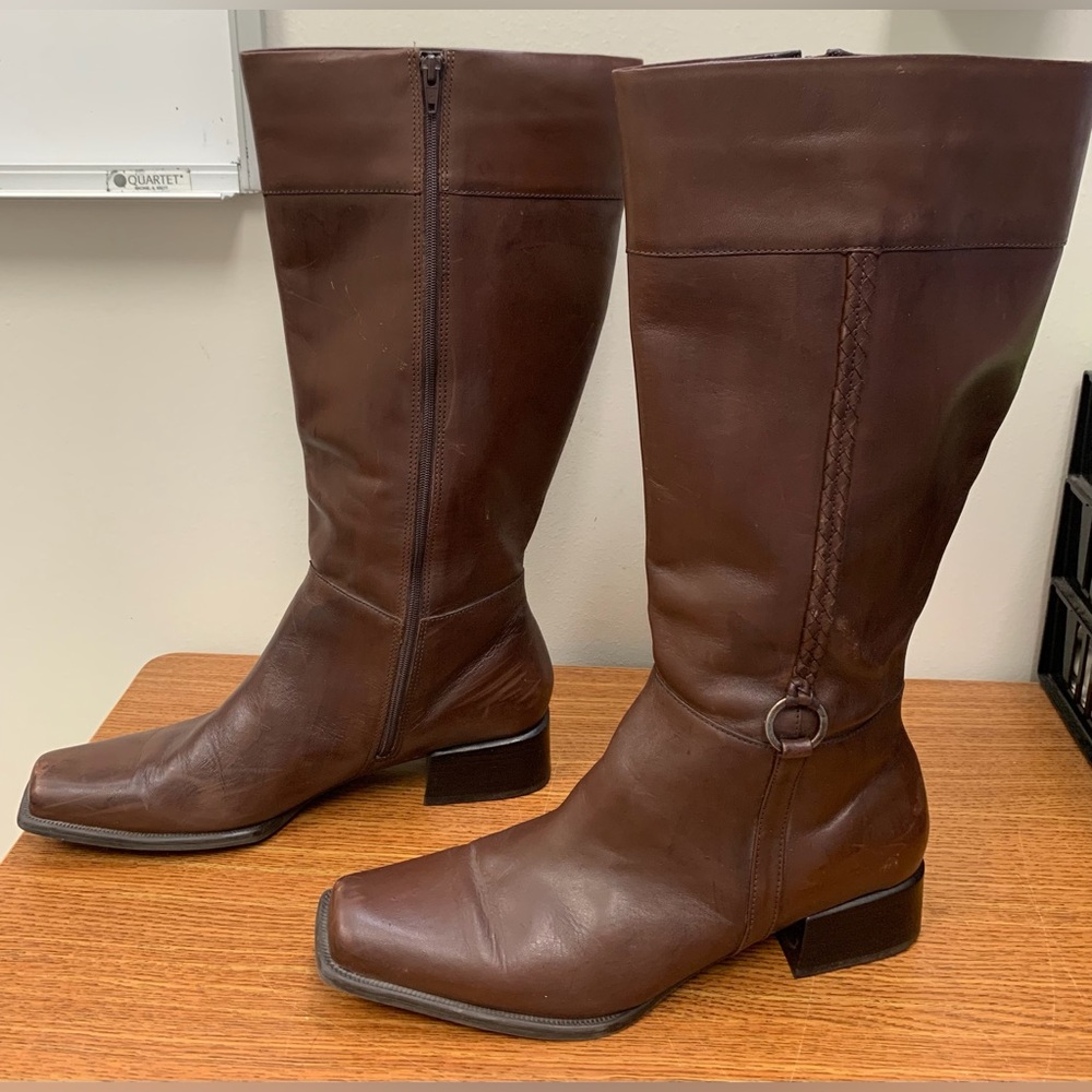 Croft & Barrow Brown Braided Leather Square Toe Tall Boots Zipper Closure SZ 10 - Picture 7 of 13